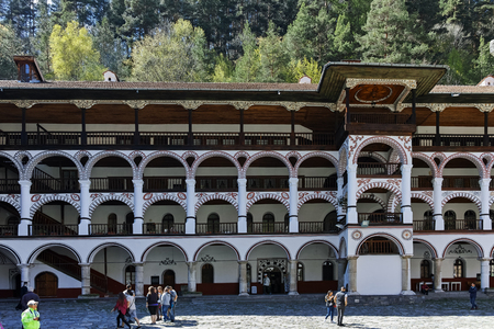 RILA MONASTERY, BULGARIA - APRIL 21, 2018: Tourist visiting Monastery of Saint Ivan (John) of Rila (Rila Monastery), Kyustendil Region, Bulgariaのeditorial素材