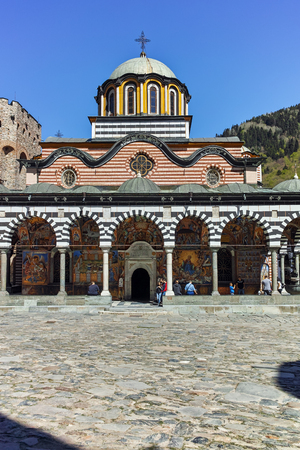 RILA MONASTERY, BULGARIA - APRIL 21, 2018: Tourist visiting Monastery of Saint Ivan (John) of Rila (Rila Monastery), Kyustendil Region, Bulgariaのeditorial素材