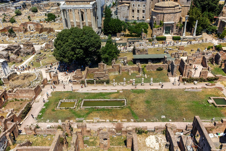 ROME, ITALY - JUNE 24, 2017: Panoramic view from Palatine Hill to ruins of Roman Forum in city of Rome, Italyのeditorial素材