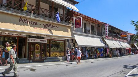 OURANOUPOLI, GREECES - JULY 23, 2012: Streets of town of Ouranoupoli, Athos, Chalkidiki, Central Macedonia, Greeceのeditorial素材