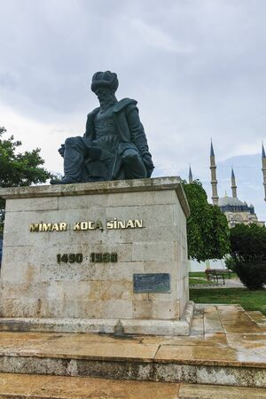 EDIRNE, TURKEY - MAY 26, 2018: Monument of otoman architect Mimar Sinan and Selimiye Mosque  in city of Edirne,  East Thrace, Turkeyのeditorial素材