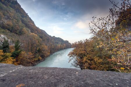 SAINT MAURICE, SWITZERLAND - OCTOBER 26, 2015:  Amazing Autumn Landscape of Rhone River, canton of Vaud, Switzerlandのeditorial素材