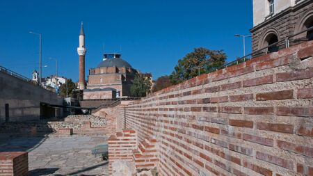 SOFIA, BULGARIA - OCTOBER 5, 2018:  Banya Bashi Mosque and ruins of ancient Serdica in Sofia, Bulgariaのeditorial素材