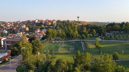 HASKOVO, BULGARIA - AUGUST 29, 2015: Amazing panoramic view of City of Haskovo - from Monument of Virgin Mary , Bulgariaのeditorial素材