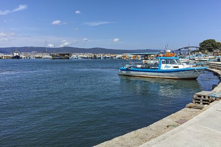 NESSEBAR, BULGARIA - AUGUST 12, 2018: Panorama with fishing boat at The Port of Nessebar, Burgas Region, Bulgariaのeditorial素材