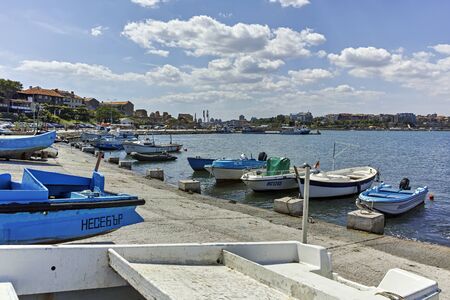 NESSEBAR, BULGARIA - AUGUST 12, 2018: Panorama with fishing boat at The Port of Nessebar, Burgas Region, Bulgariaのeditorial素材