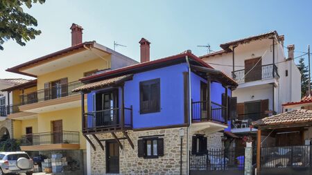 ARNEA, CHALKIDIKI, GREECE - JULY 23, 2012: Old Houses in town of Arnea, Chalkidiki, Central Macedonia, Greeceのeditorial素材
