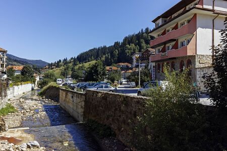 CHEPELARE, BULGARIA - AUGUST 14, 2018: Building and Streets at the Center of Bulgarian ski resort Chepelare, Smolyan Region, Bulgariaのeditorial素材