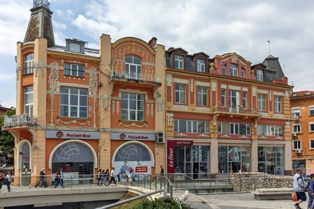 PLOVDIV, BULGARIA - MAY 7, 2018: Buildings at central pedestrian street of city of Plovdiv, Bulgaria