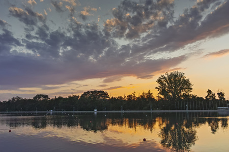 Sunset Panorama of Rowing Venue in city of Plovdiv, Bulgariaの写真素材