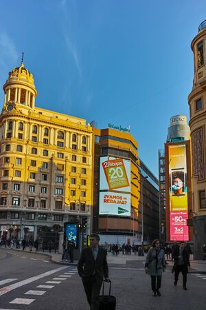 MADRID, SPAIN - JANUARY 22, 2018: Sunset view of Callao Square (Plaza del Callao) in City of Madrid, Spainのeditorial素材