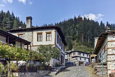 SHIROKA LAKA, BULGARIA - AUGUST 14, 2018: Old houses and streets in historical town of Shiroka Laka, Smolyan Region, Bulgariaのeditorial素材