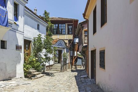 PLOVDIV, BULGARIA - JULY 5, 2018: Typical cobblestones street in old town of city of Plovdiv, Bulgariaのeditorial素材