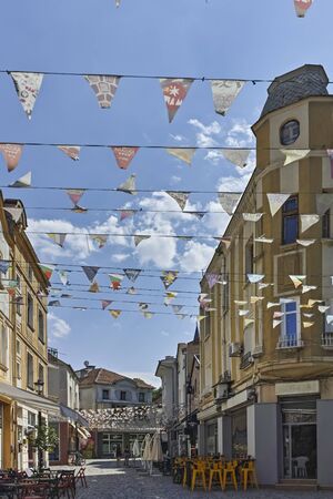 PLOVDIV, BULGARIA - JULY 5, 2018:  Street and houses in district Kapana, city of Plovdiv, Bulgariaのeditorial素材
