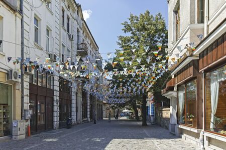 PLOVDIV, BULGARIA - JULY 5, 2018:  Street and houses in district Kapana, city of Plovdiv, Bulgariaのeditorial素材