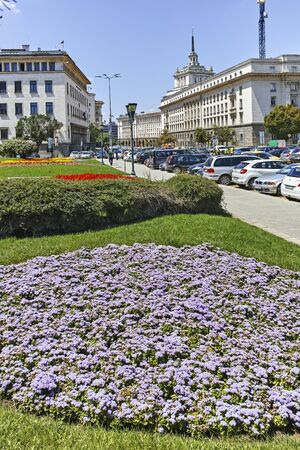 SOFIA, BULGARIA - JULY 12, 2018:  Panorama of Kniaz Alexander I Square in city of Sofia, Bulgaria