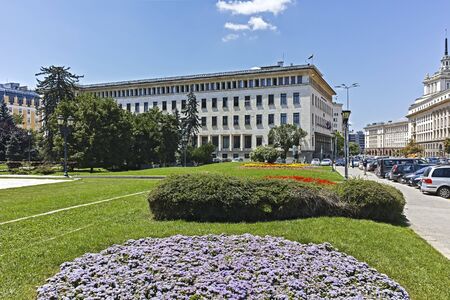 SOFIA, BULGARIA - JULY 12, 2018:  Panorama of Kniaz Alexander I Square in city of Sofia, Bulgaria