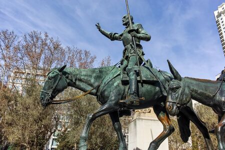 MADRID, SPAIN - JANUARY 23, 2018:   Monument to Cervantes and Don Quixote and Sancho Panza at Spain Square in City of Madrid, Spainのeditorial素材