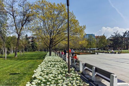 SOFIA, BULGARIA -APRIL 14, 2018: Amazing view of Flower garden and National Palace of Culture in Sofia, Bulgariaのeditorial素材