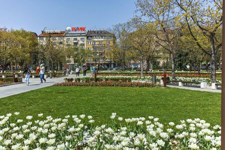 SOFIA, BULGARIA -APRIL 14, 2018: Amazing view of Flower garden and National Palace of Culture in Sofia, Bulgariaのeditorial素材