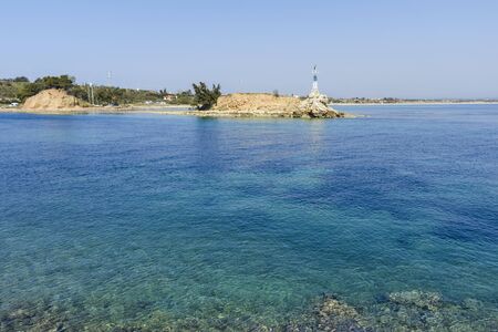 NEA POTEIDAIA, GREECE - MARCH 31, 2019: Panorama from Coastline of Nea Poteidaia, Kassandra, Chalkidiki, Central Macedonia, Greeceのeditorial素材