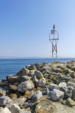 NEA POTEIDAIA, GREECE - MARCH 31, 2019: Panorama from Coastline of Nea Poteidaia, Kassandra, Chalkidiki, Central Macedonia, Greeceのeditorial素材