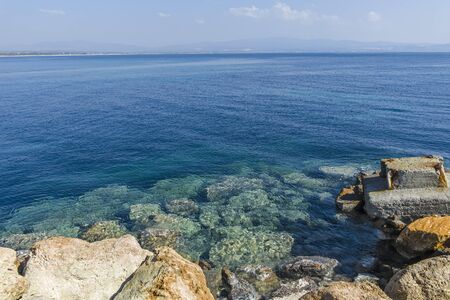 NEA POTEIDAIA, GREECE - MARCH 31, 2019: Panorama from Coastline of Nea Poteidaia, Kassandra, Chalkidiki, Central Macedonia, Greeceのeditorial素材