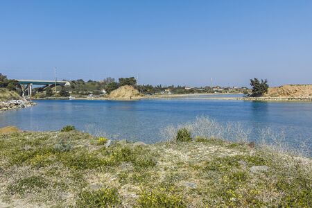 NEA POTEIDAIA, GREECE - MARCH 31, 2019: Panorama from Coastline of Nea Poteidaia, Kassandra, Chalkidiki, Central Macedonia, Greeceのeditorial素材