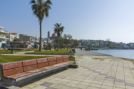 NEA MOUDANIA, GREECE - MARCH 31, 2019: View from Coastal street of town of Nea Moudania, Chalkidiki, Central Macedonia, Greeceのeditorial素材