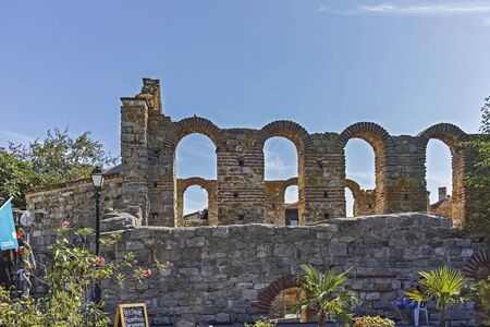 NESSEBAR, BULGARIA - AUGUST 12, 2018: Ruins of Ancient St. Demetrius of Thessaloniki in the town of Nessebar, Burgas Region, Bulgariaのeditorial素材