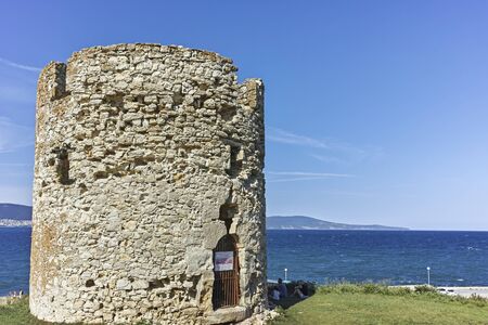 NESSEBAR, BULGARIA - AUGUST 12, 2018: Ruins of Ancient Battle Tower in old town of Nessebar, Burgas...