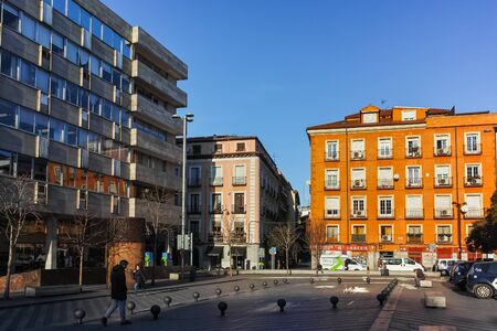 MADRID, SPAIN - JANUARY 24, 2018: Facade of typical Buildings and streets in City of Madrid, Spainのeditorial素材