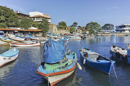 NESSEBAR, BULGARIA - AUGUST 12, 2018: Panoramic view of boat at The Port and old town of Nessebar,...