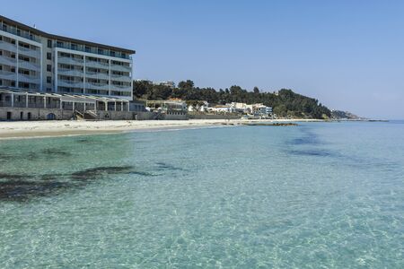 KALLITHEA, KASSANDRA, GREECE - MARCH 31, 2019: Panoramic view of beach of resort of Kallithea, Kassandra, Chalkidiki, Central Macedonia, Greeceのeditorial素材