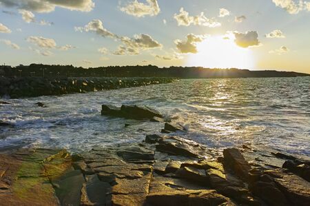 Sunset Landscape of the rocks at the coastline of Chernomorets, Burgas region, Bulgariaの写真素材