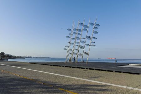 THESSALONIKI, GREECE - SEPTEMBER 22, 2019: Umbrellas sculpture at embankment of city of Thessaloniki, Central Macedonia, Greeceのeditorial素材