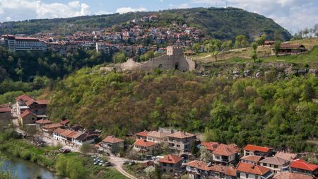 VELIKO TARNOVO, BULGARIA - APRIL 9, 2017: Ruins of medieval Fortress Tsarevets - capital of Second Bulgarian Empire, Veliko Tarnovo, Bulgariaのeditorial素材