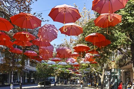 BLAGOEVGRAD, BULGARIA - OCTOBER 6, 2018: The Center and Pedestrian street covered with Umbrellas in town of Blagoevgrad, Bulgariaのeditorial素材