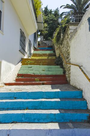 KAVALA, GREECE - JUNE 22, 2019:  Typical street and houses at old town of city of Kavala, East Macedonia and Thrace, Greeceのeditorial素材