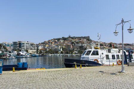 KAVALA, GREECE - JUNE 22, 2019:  Panorama from embankment to old town of city of Kavala, East Macedonia and Thrace, Greeceのeditorial素材