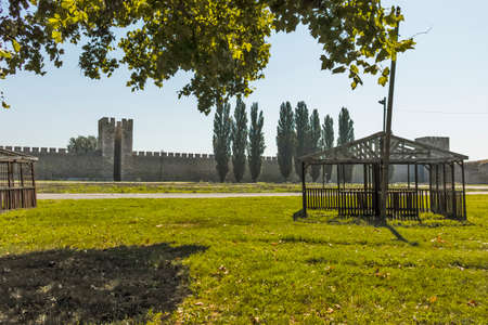 SMEDEREVO, SERBIA - AUGUST 12, 2019: Ruins of Smederevo Fortress at the coast of the Danube River - in town of Smederevo, Serbiaのeditorial素材
