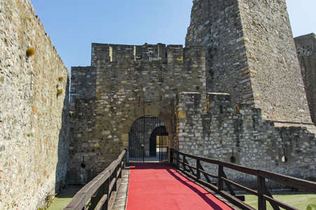 SMEDEREVO, SERBIA - AUGUST 12, 2019: Ruins of Smederevo Fortress at the coast of the Danube River - in town of Smederevo, Serbiaのeditorial素材