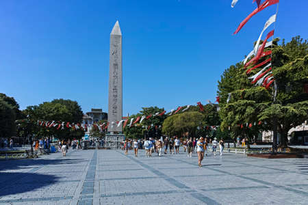 ISTANBUL, TURKEY - JULY 26, 2019: Walled Obelisk at Sultanahmet Square in city of Istanbul, Turkey