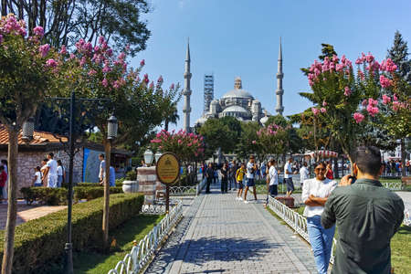 ISTANBUL, TURKEY - JULY 26, 2019: Panorama of The Sultan Ahmed Square and The Blue Mosque in city of...