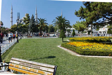 ISTANBUL, TURKEY - JULY 26, 2019: Panorama of The Sultan Ahmed Square and The Blue Mosque in city of Istanbul, Turkeyのeditorial素材