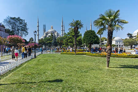 ISTANBUL, TURKEY - JULY 26, 2019: Panorama of The Sultan Ahmed Square and The Blue Mosque in city of Istanbul, Turkeyのeditorial素材