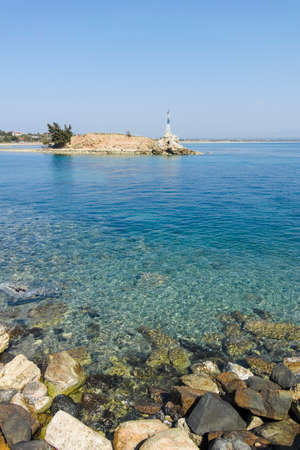 NEA POTEIDAIA, GREECE - MARCH 31, 2019: Panorama from Coastline of Nea Poteidaia, Kassandra, Chalkidiki, Central Macedonia, Greeceのeditorial素材
