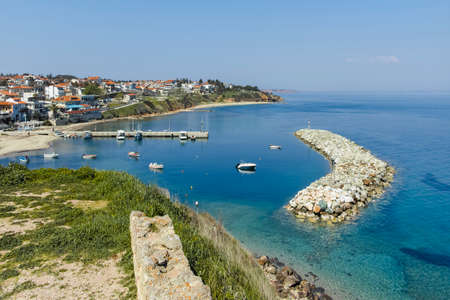 NEA FOKEA, KASSANDRA,  GREECE - MARCH 31, 2019: Panorama of town of Nea Fokea, Kassandra, Chalkidiki, Central Macedonia, Greeceのeditorial素材