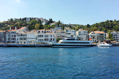 ISTANBUL, TURKEY - JULY 26, 2019: Panorama from Bosporus to city of Istanbul, Turkey
