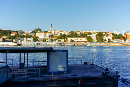 BELGRADE, SERBIA - AUGUST 12, 2019: Panorama from Sava River to Old Town (Stari Grad) of city of Belgrade, Serbiaのeditorial素材